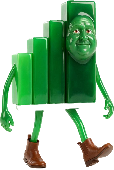 Uptick — a green bar chart body with arms, legs and boots
