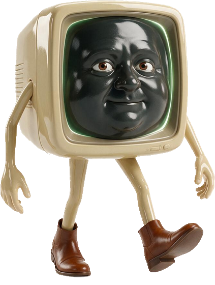 Console — a beige retro computer monitor body with arms, legs and boots