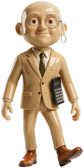 Ledger — a glossy humanoid character in a putty suit with a monocle, carrying a calculator