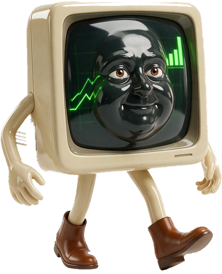 Ticker — a cream monitor body showing a rising line, with arms, legs and boots